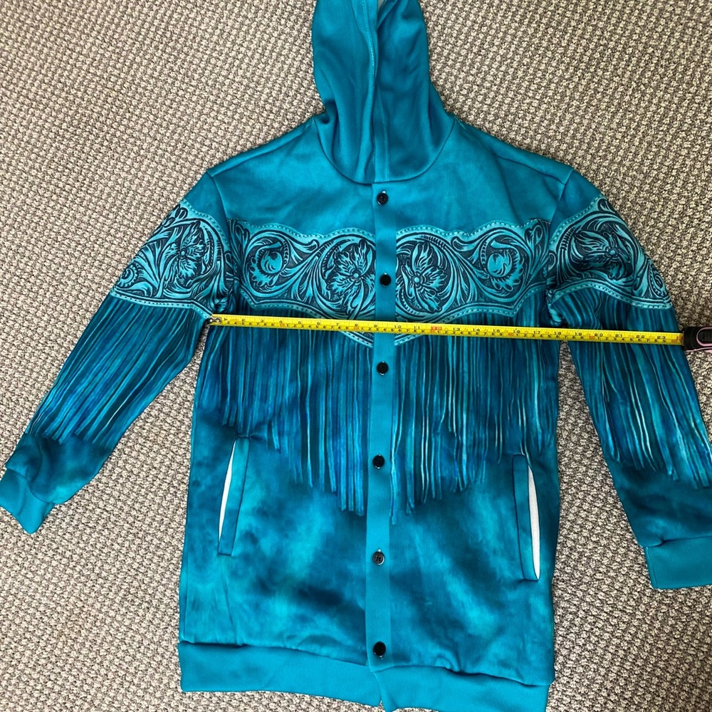NWOT Turquoise patterned buttoned up hooded sweater - Picture 4 of 5